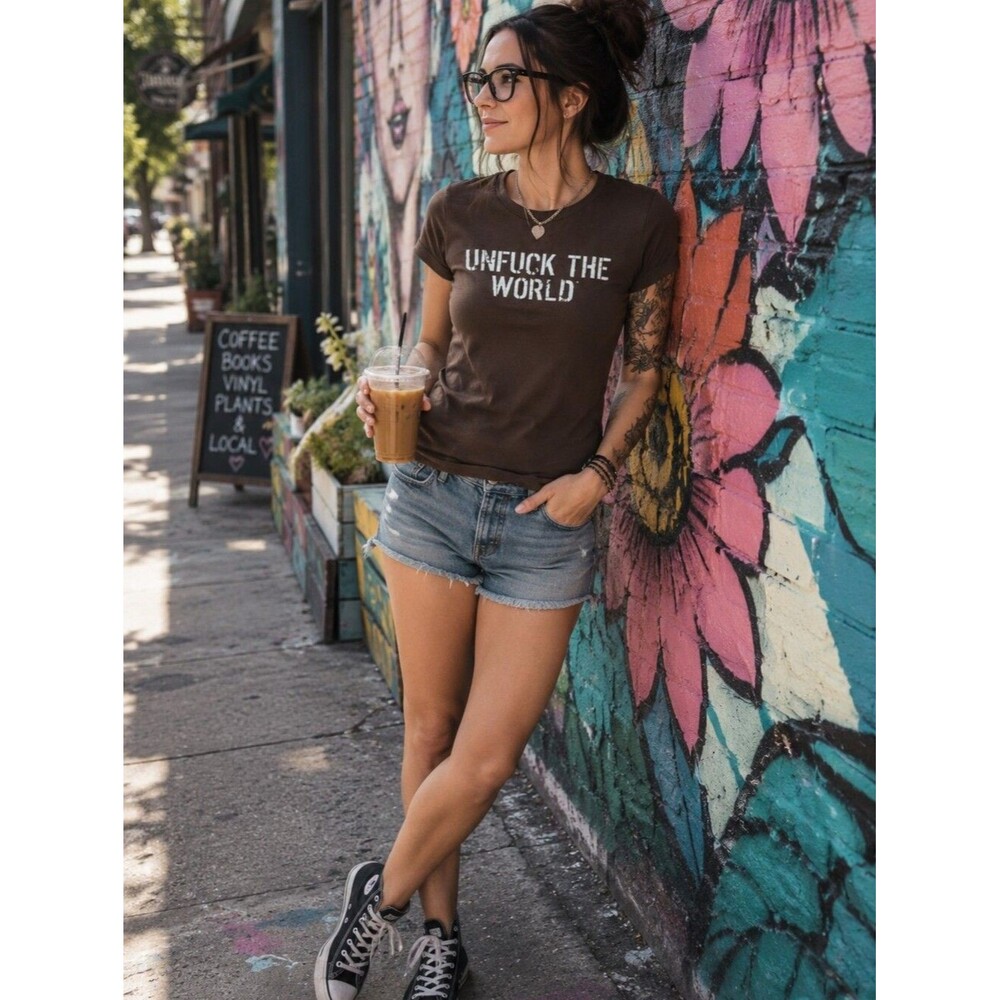 Unfuck The World Women's Fitted Tee M 100% Cotton Brown Change The World Officia